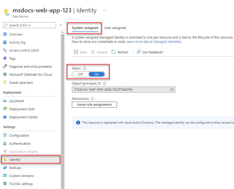 Screenshot of Azure portal Identity page of App Service resource with System assigned tab showing and Status field highlighted.