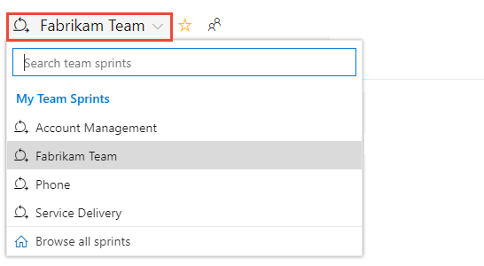 Capture d’écran montrant les options de sélecteur d’équipe du backlog de sprints.