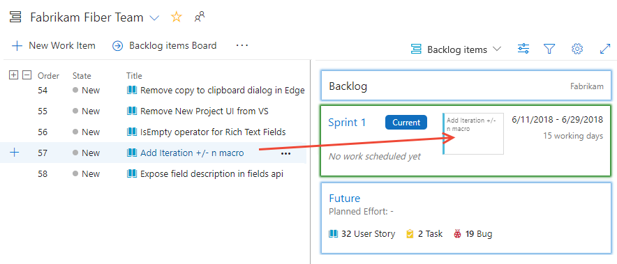 Tableaux>Backlogs>Glisser-déposer des éléments sur sprint