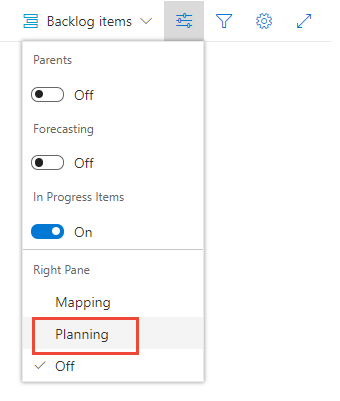 Tableaux>Backlogs>Ouvrir les options de vue et choisir Planification