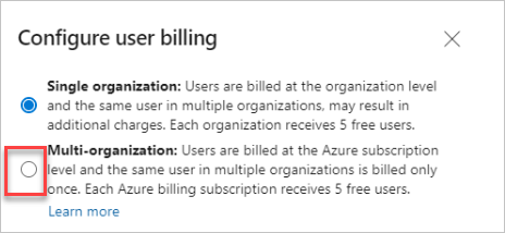 Capture d’écran montrant l’option Multi-organization sélectionnée dans l’écran Configurer la facturation utilisateur.