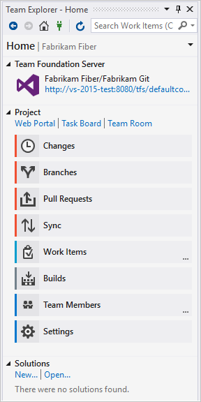 Page d’accueil team Explorer avec Git en tant que contrôle de code source