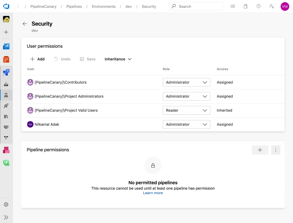 Capture d’écran des autorisations utilisateur sur les pipelines