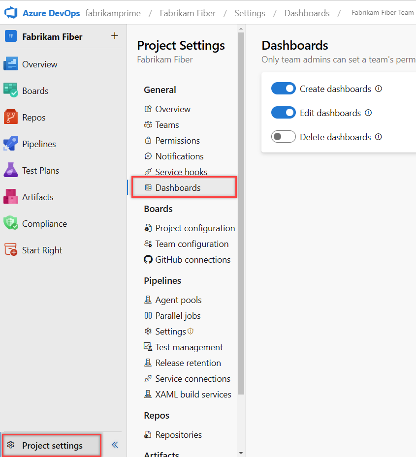 Capture d’écran du portail web, Project Paramètres, ouvrir des tableaux de bord, Azure DevOps Server 2019.
