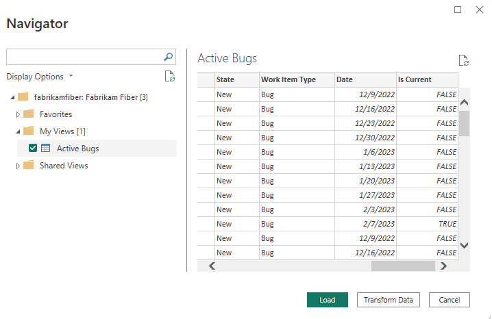 Capture d’écran de Power BI, boîte de dialogue du Navigateur pour choisir la vue Analytique. 