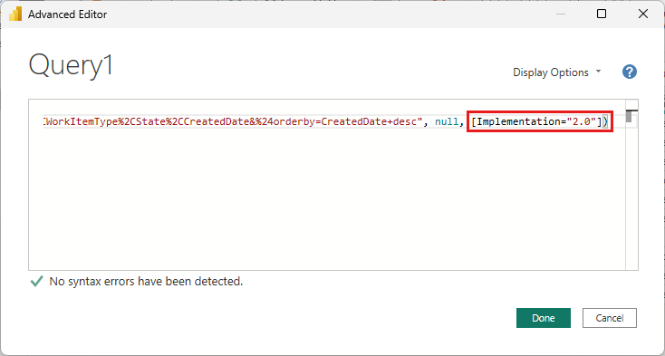 Capture d’écran montrant le flux OData Power BI avec le Éditeur avancé fait défiler vers la droite.