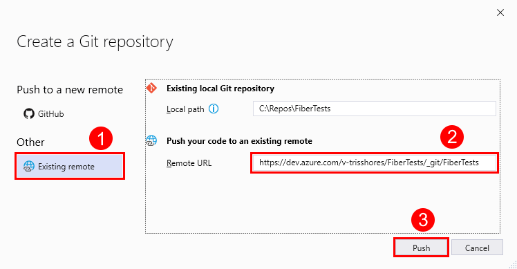 Capture d’écran de la fenêtre « Créer un référentiel Git », avec l’URL d’un référentiel Azure vide, dans Visual Studio 2019.