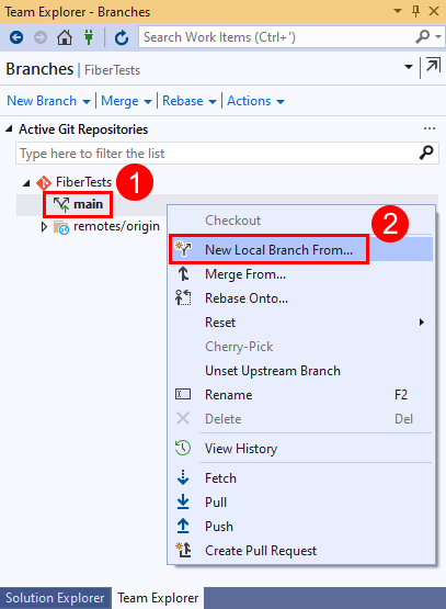 Capture d’écran de l’option de menu « Nouvelle branche locale à partir de » dans le menu contextuel de la branche primaire de Visual Studio 2019.