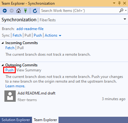 Capture d’écran du lien Envoi (push) dans l’affichage Synchronisation de Team Explorer dans Visual Studio 2019.