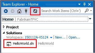 Capture d’écran montrant la page d’accueil de Team Explorer, où vous pouvez ouvrir votre solution dans Visual Studio.