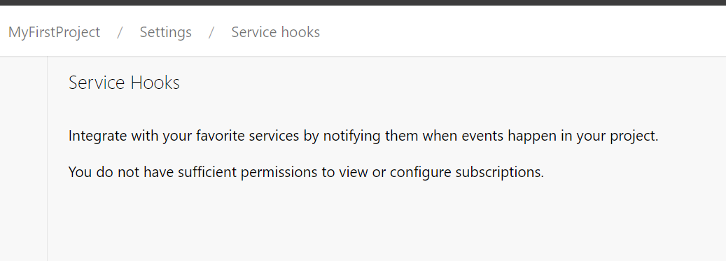 Capture d’écran montrant la page ServiceHooks sans autorisations.