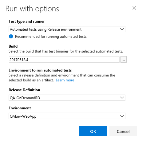 Capture d’écran montrant la boîte de dialogue Exécuter avec options configurée.