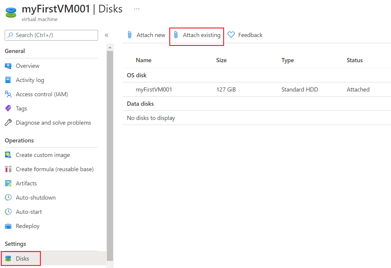 Capture d’écran de l’option Attacher un disque existant dans la page Disque de la machine virtuelle.