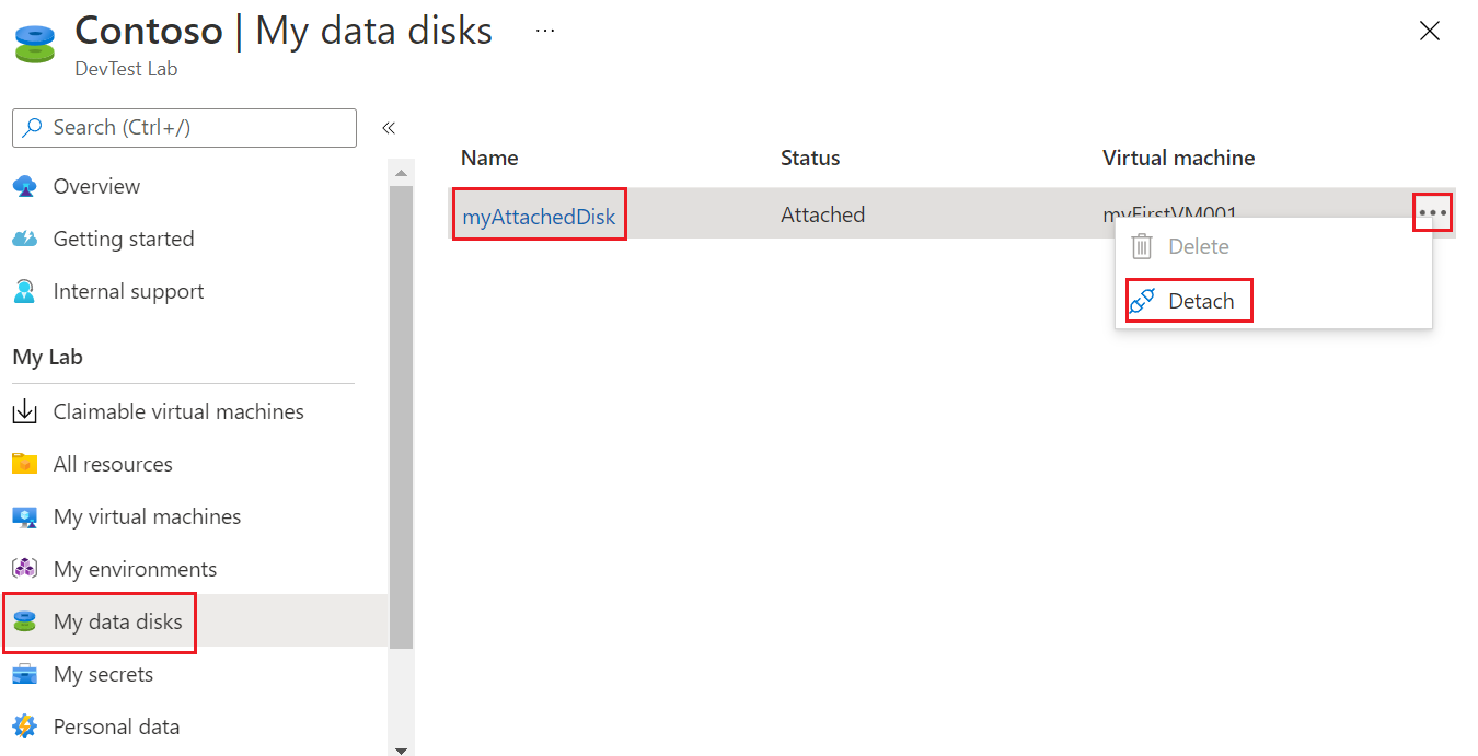 Capture d’écran du détachement d’un disque de données du menu contextuel de la liste.