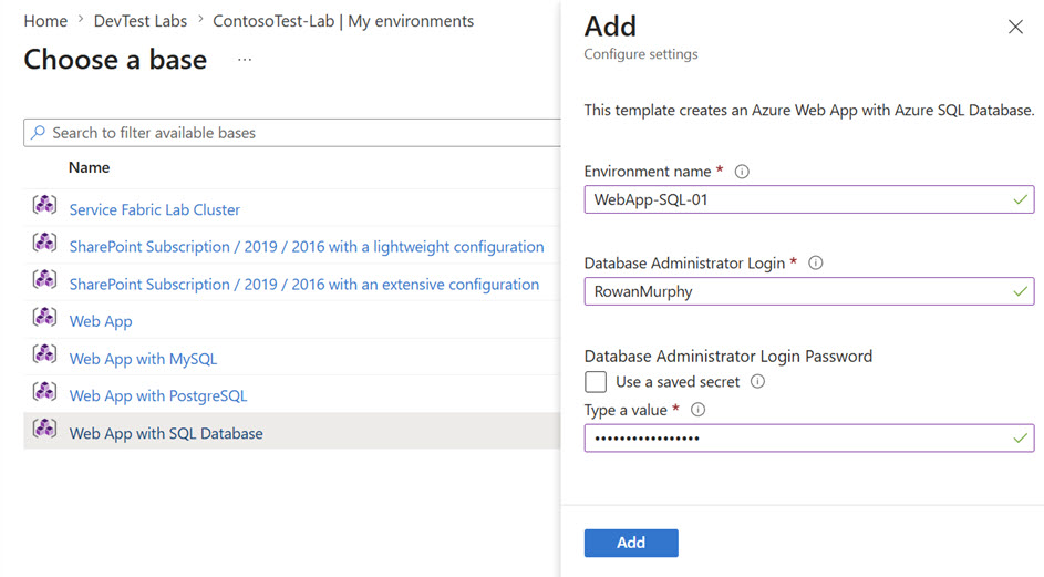 Capture d’écran montrant la sélection d’une application Web avec base de données SQL et la saisie des paramètres d’environnement dans Azure DevTest Labs.