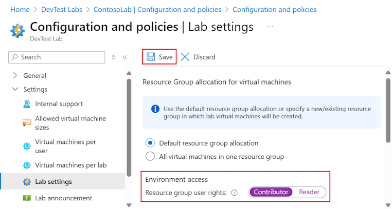 Capture d’écran qui montre comment définir des autorisations de rôle Contributeur pour les utilisateurs du labo dans DevTest Labs.