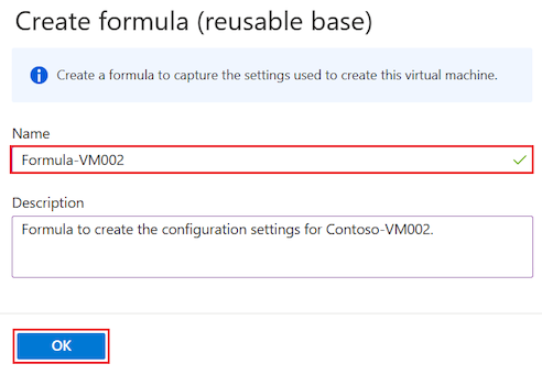 Capture d’écran montrant comment configurer une formule à partir d’une machine virtuelle existante dans DevTest Labs.