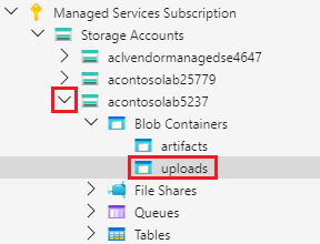 Capture d’écran qui montre le nœud Conteneurs d’objets blob développé avec le répertoire Chargements.