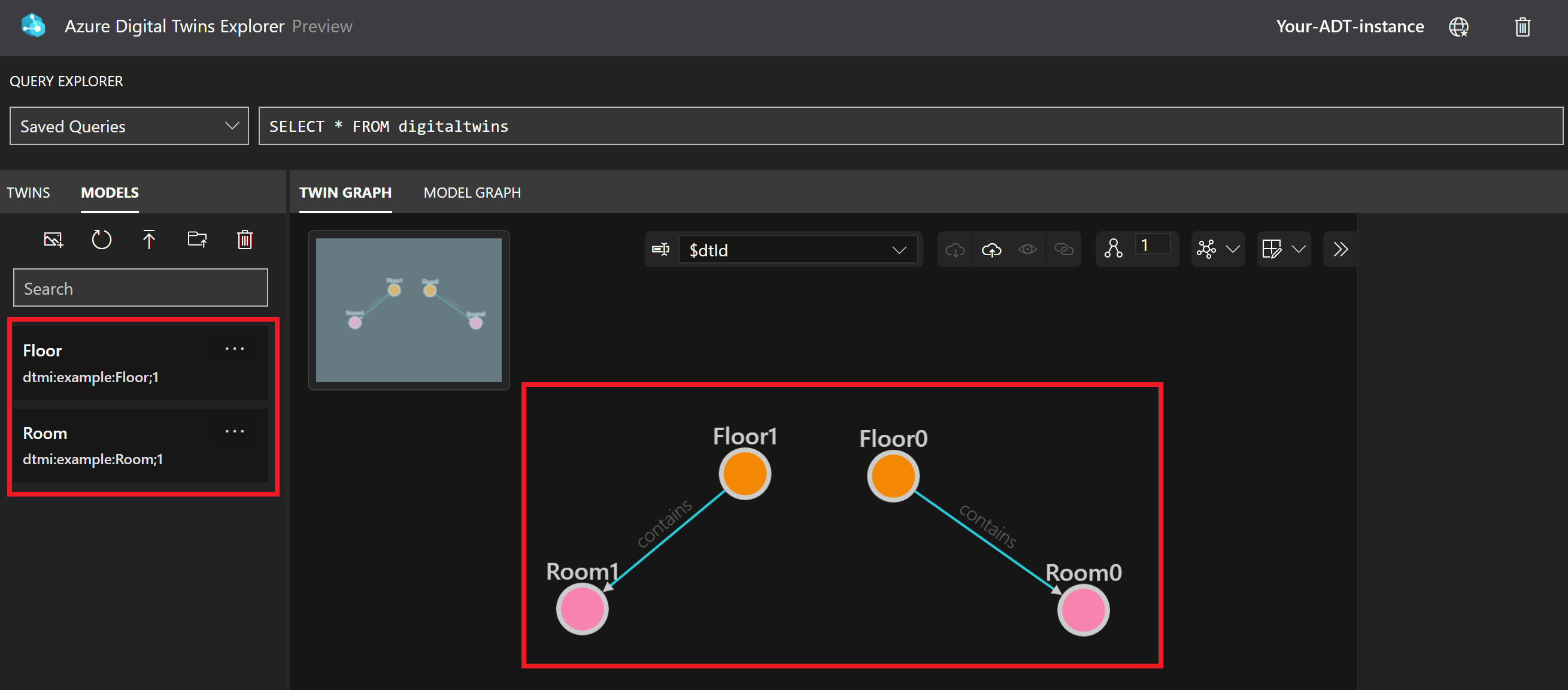 Capture d’écran d’Azure Digital Twins Explorer montrant deux modèles en évidence dans la zone Modèles et un graphe en évidence dans la zone Graphe de jumeaux
