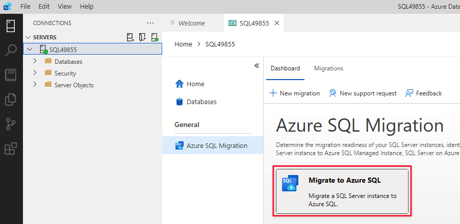 Screenshot that shows the Migrate to Azure SQL wizard.