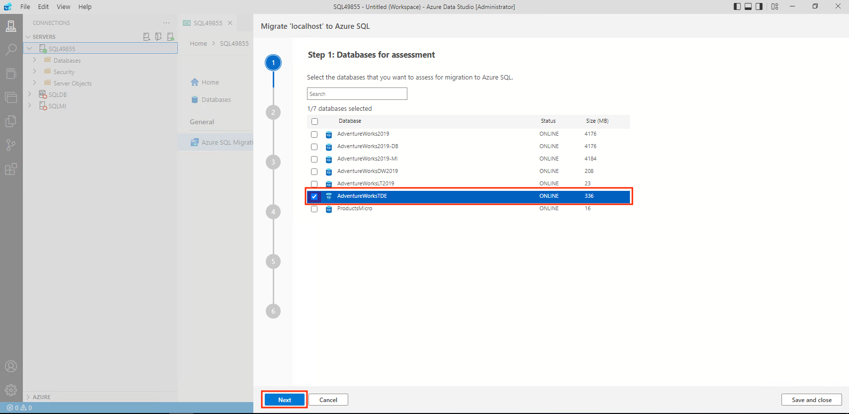 Screenshot that shows selecting a database for assessment.