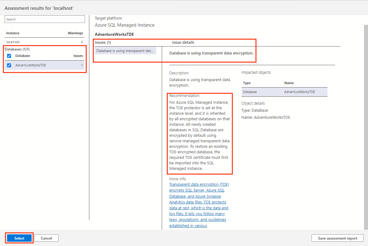 Screenshot that shows assessment findings report.