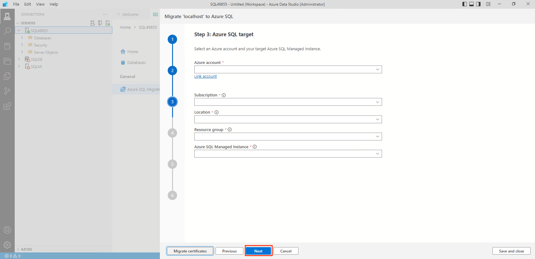 Screenshot that shows how to continue the database migration.