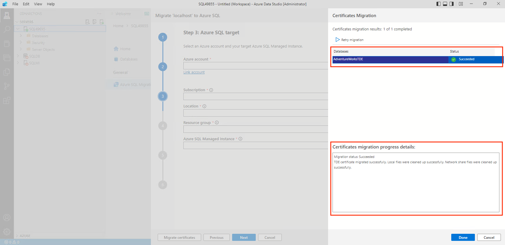 Screenshot that shows how the TDE migration process continues.
