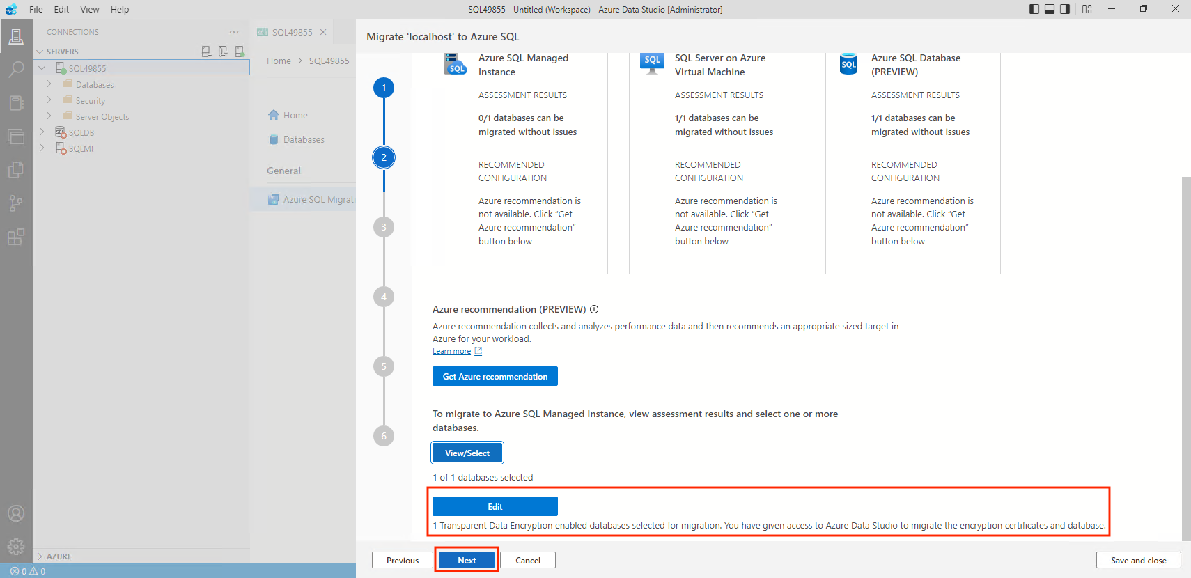 Screenshot that shows how to edit the TDE migration configuration.