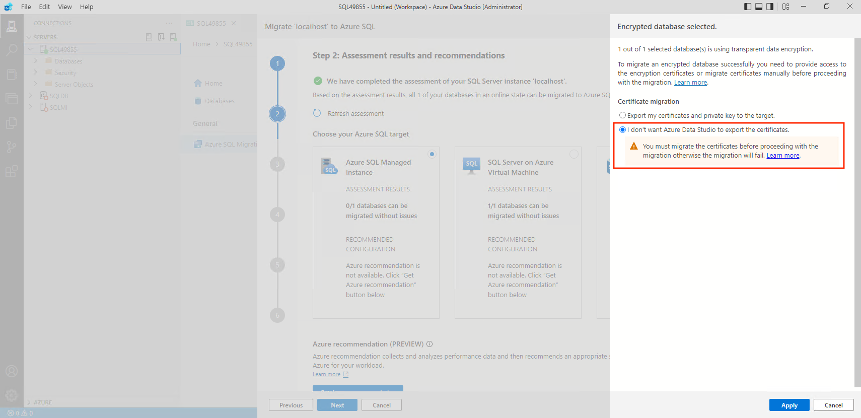 Screenshot that shows how to decline the TDE migration.