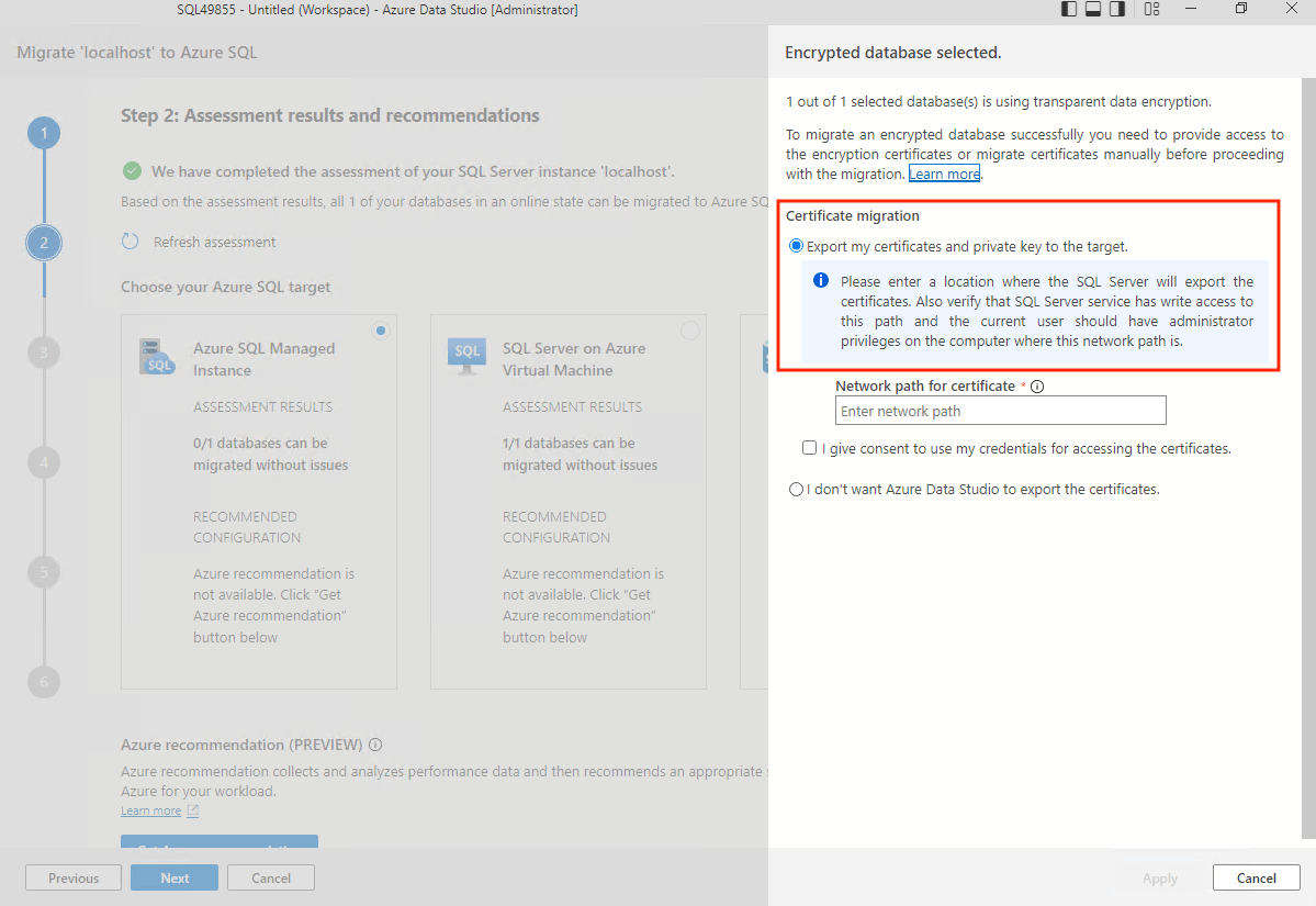 Screenshot that shows the TDE migration configuration.