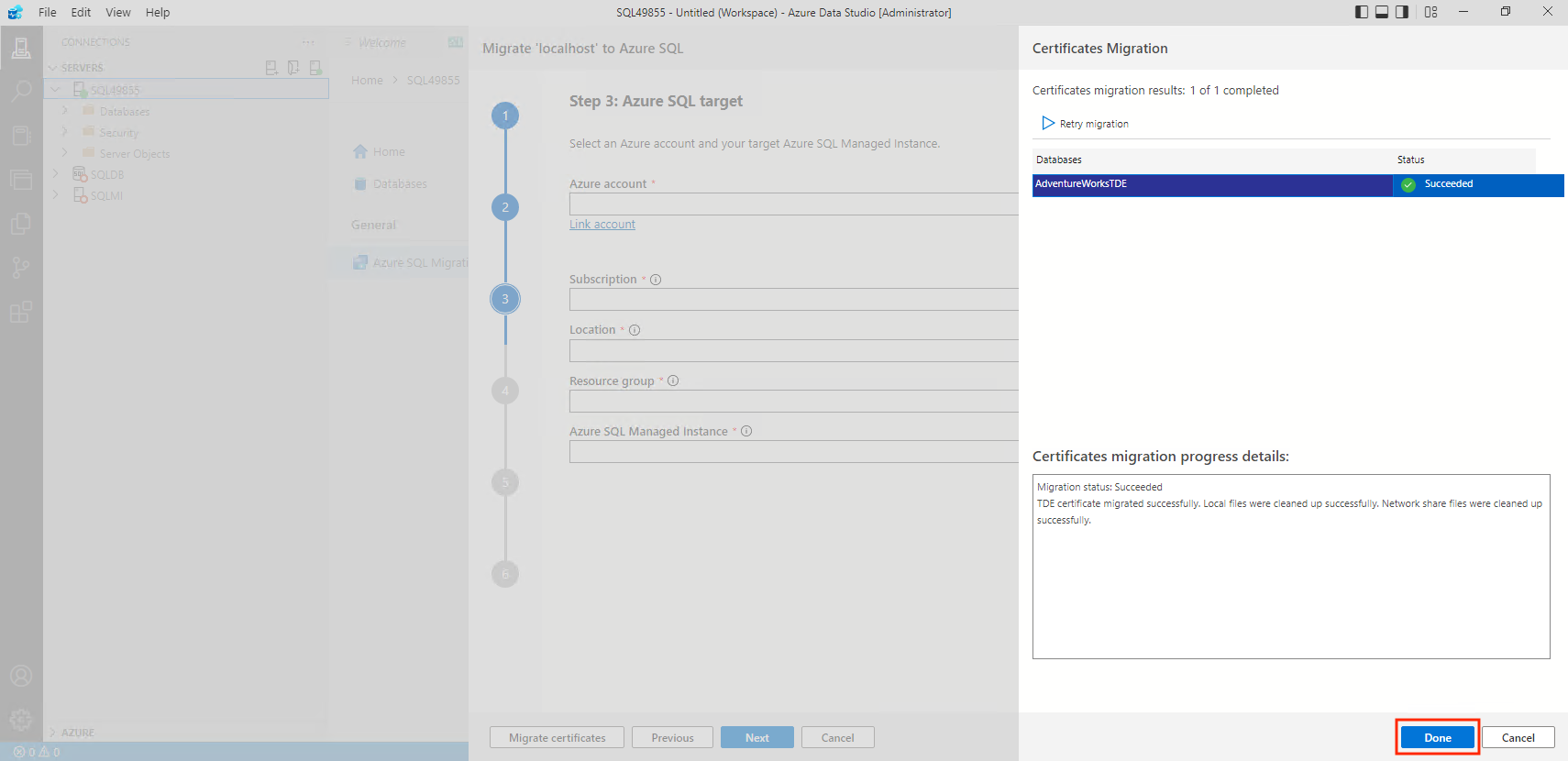 Screenshot that shows how to complete the TDE migration.