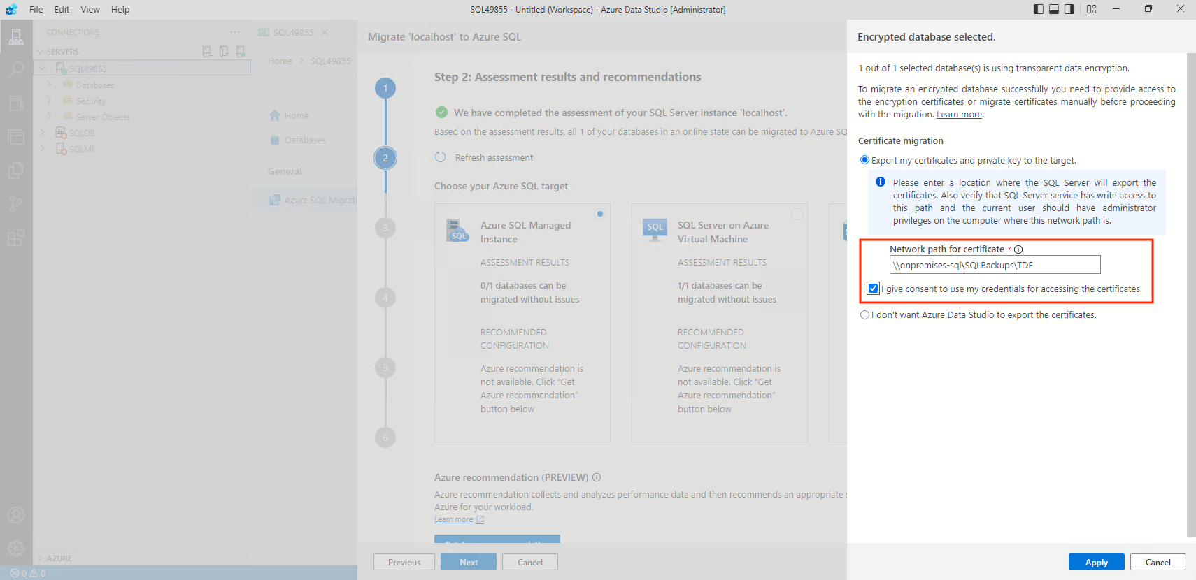 Screenshot that shows the TDE migration configuration for a network share.
