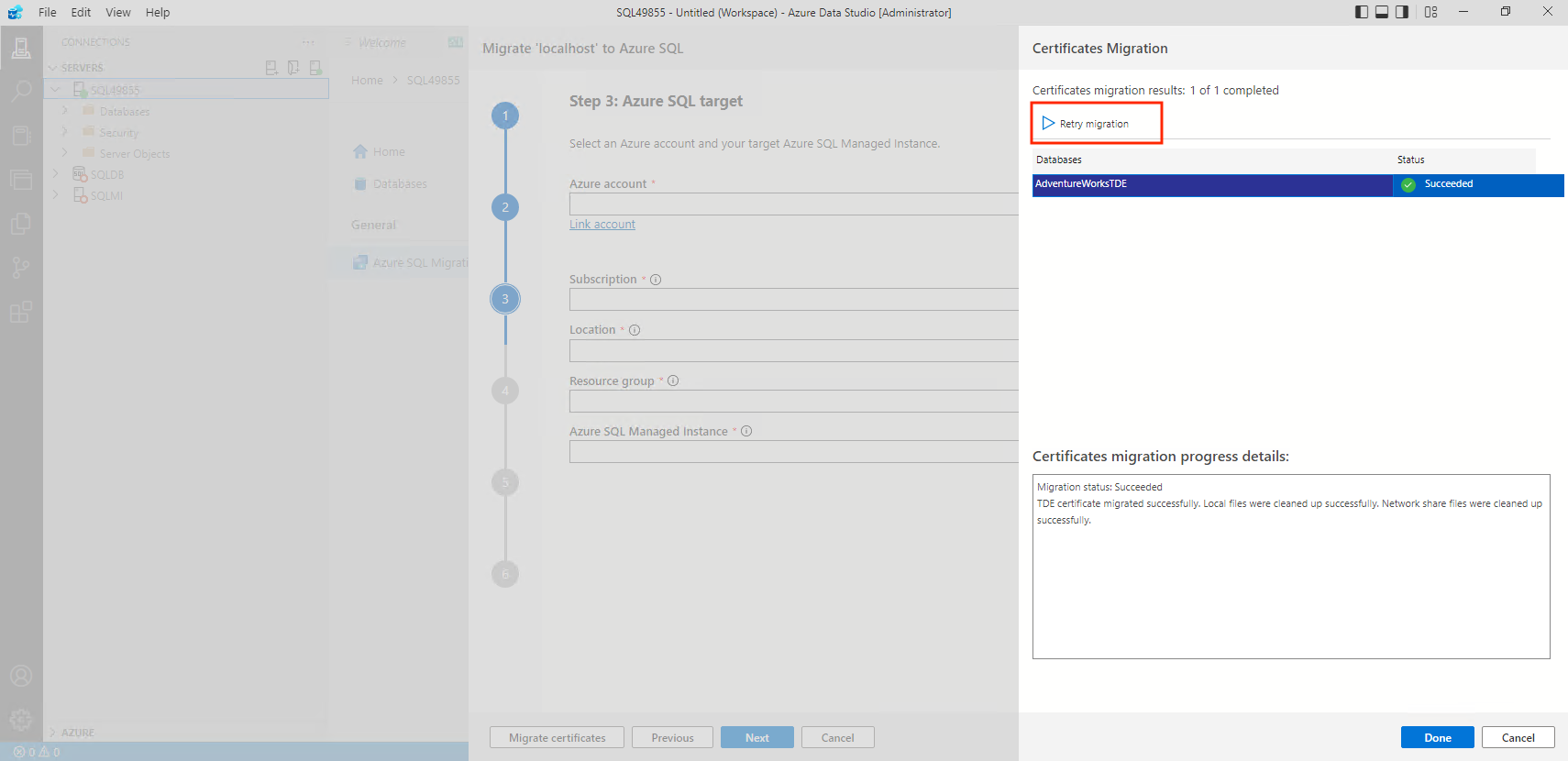 Screenshot that shows how to retry the TDE migration.