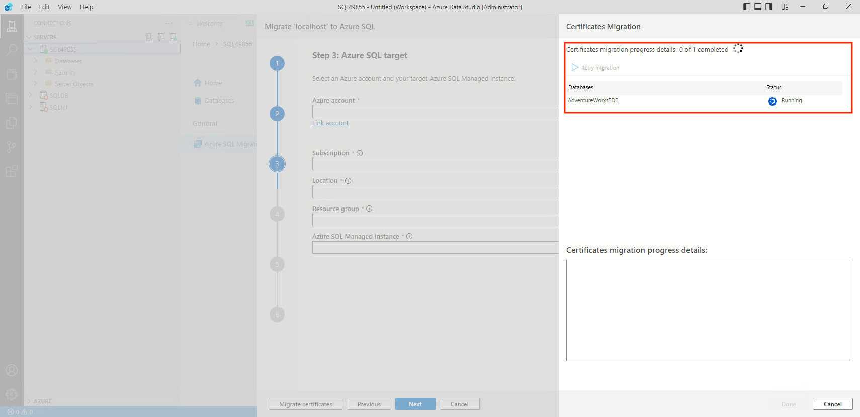 Screenshot that shows how the TDE migration process starts.