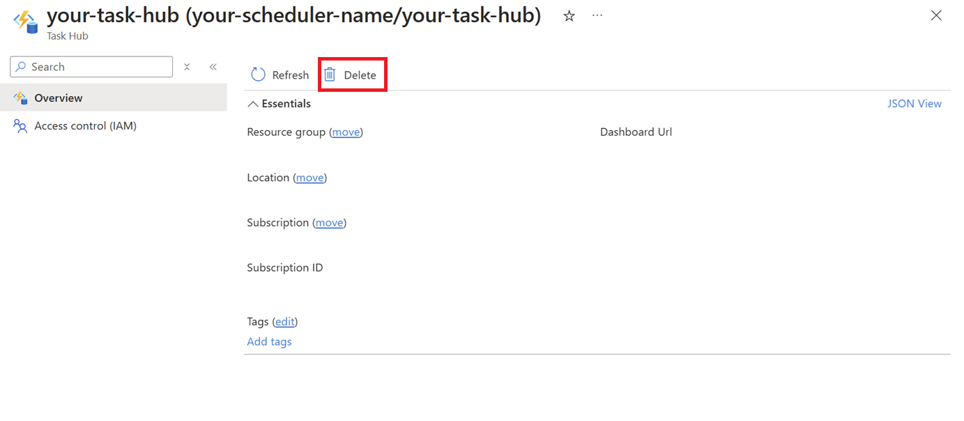 Capture d’écran de la ressource du hub de tâches dans le portail mettant en surbrillance le bouton Supprimer.
