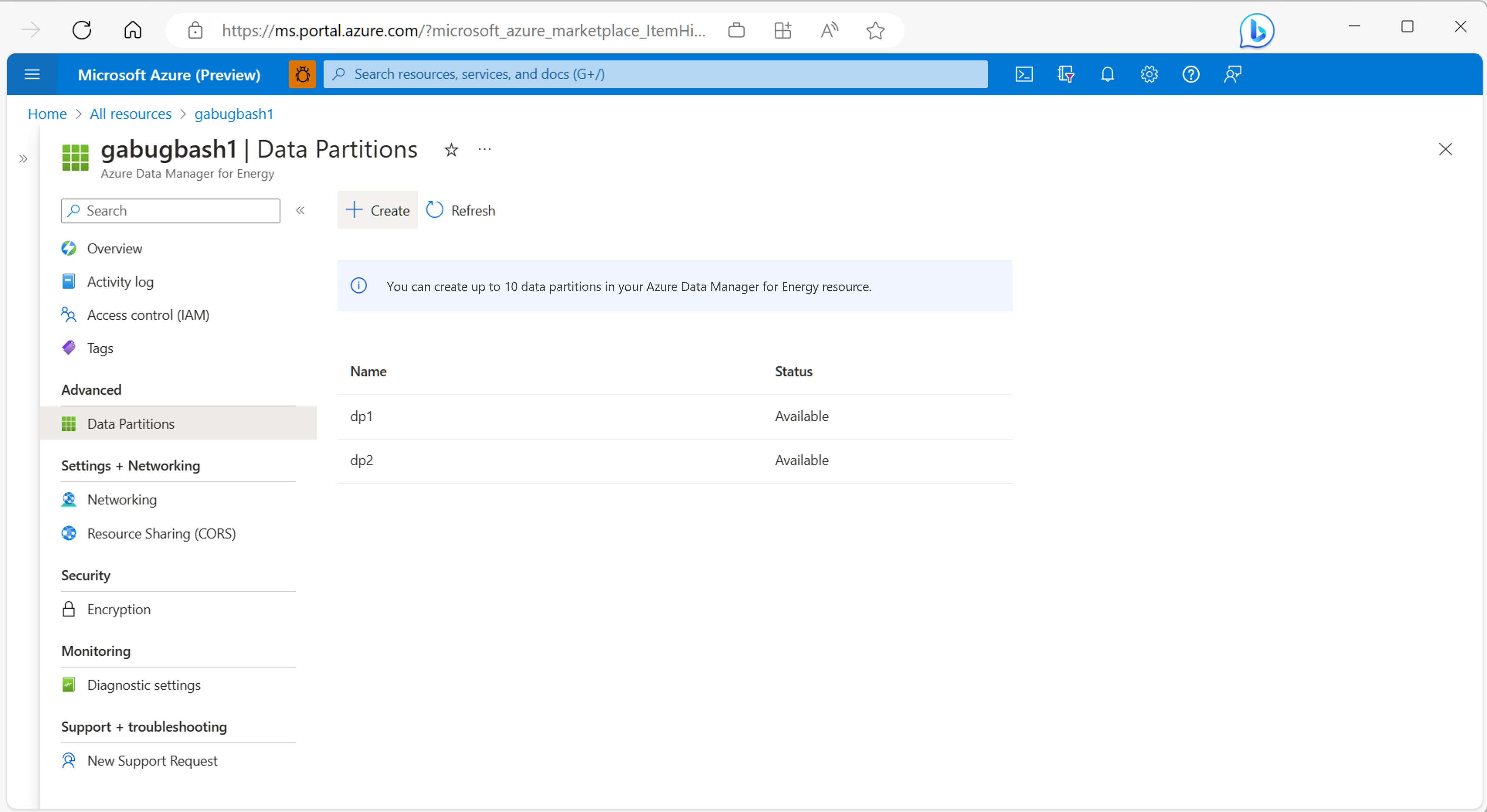 Capture d’écran pour vous aider à localiser le bouton Créer dans la page partitions de données. Le bouton « Créer » pour ajouter une nouvelle partition de données est mis en surbrillance.