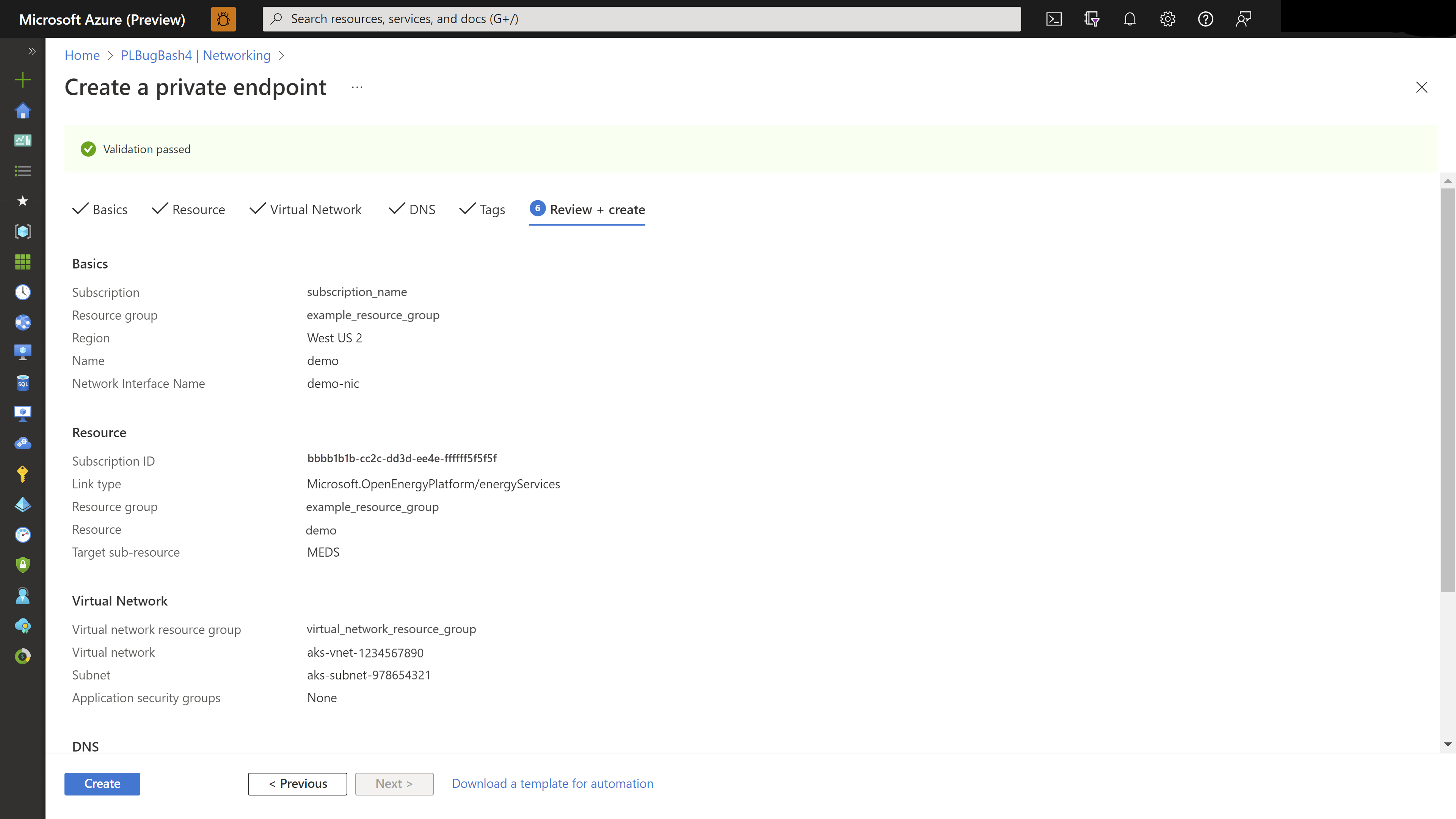 Capture d’écran de la page qui résume et valide la configuration de votre point de terminaison privé.