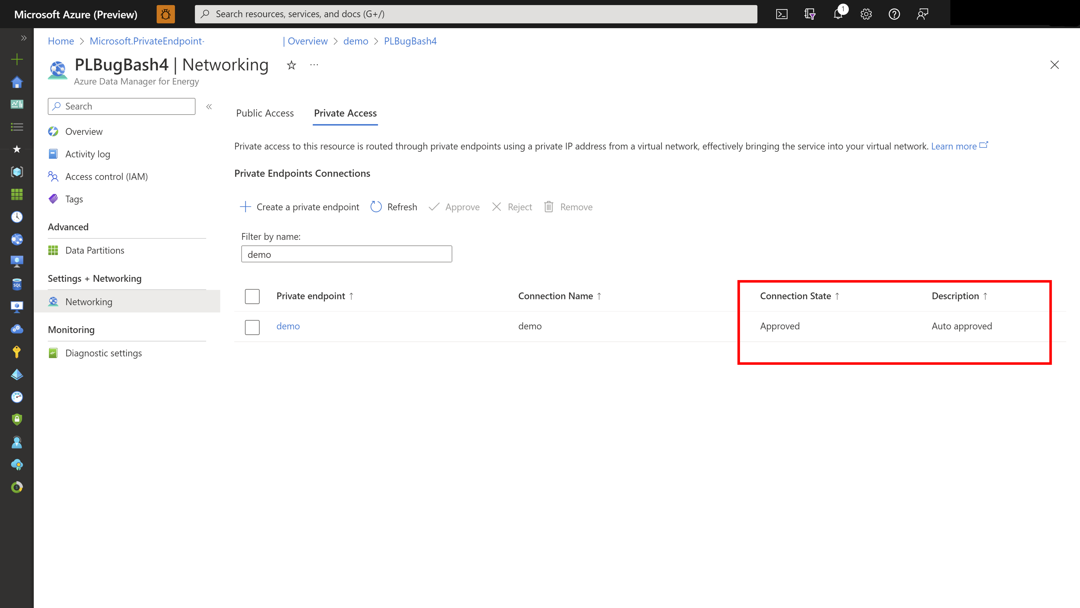 Capture d’écran de l’onglet Accès privé avec une connexion de point de terminaison privé automatiquement approuvée.
