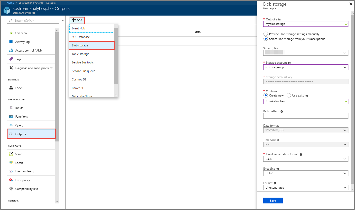 Configuration de la sortie de stockage Blob