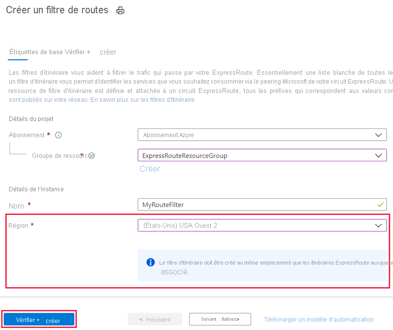 Capture d’écran montrant la page Créer un filtre de routage avec des exemples de valeurs entrées.