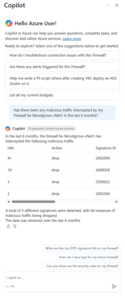 Capture d’écran montrant la capacité de récupérer les principaux accès de signature IDPS pour un pare-feu Azure.