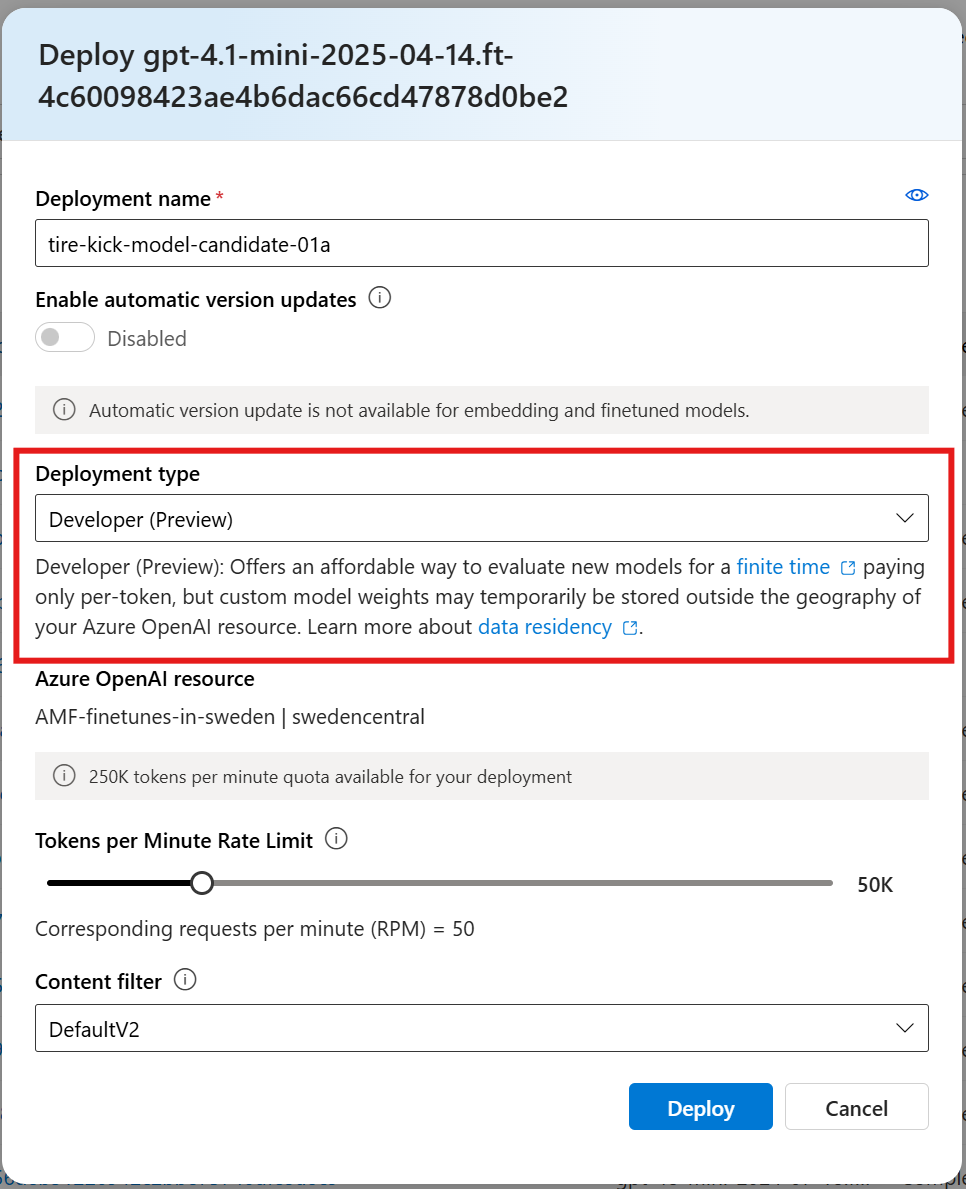 Capture d’écran montrant la sélection du déploiement du développeur dans Foundry.