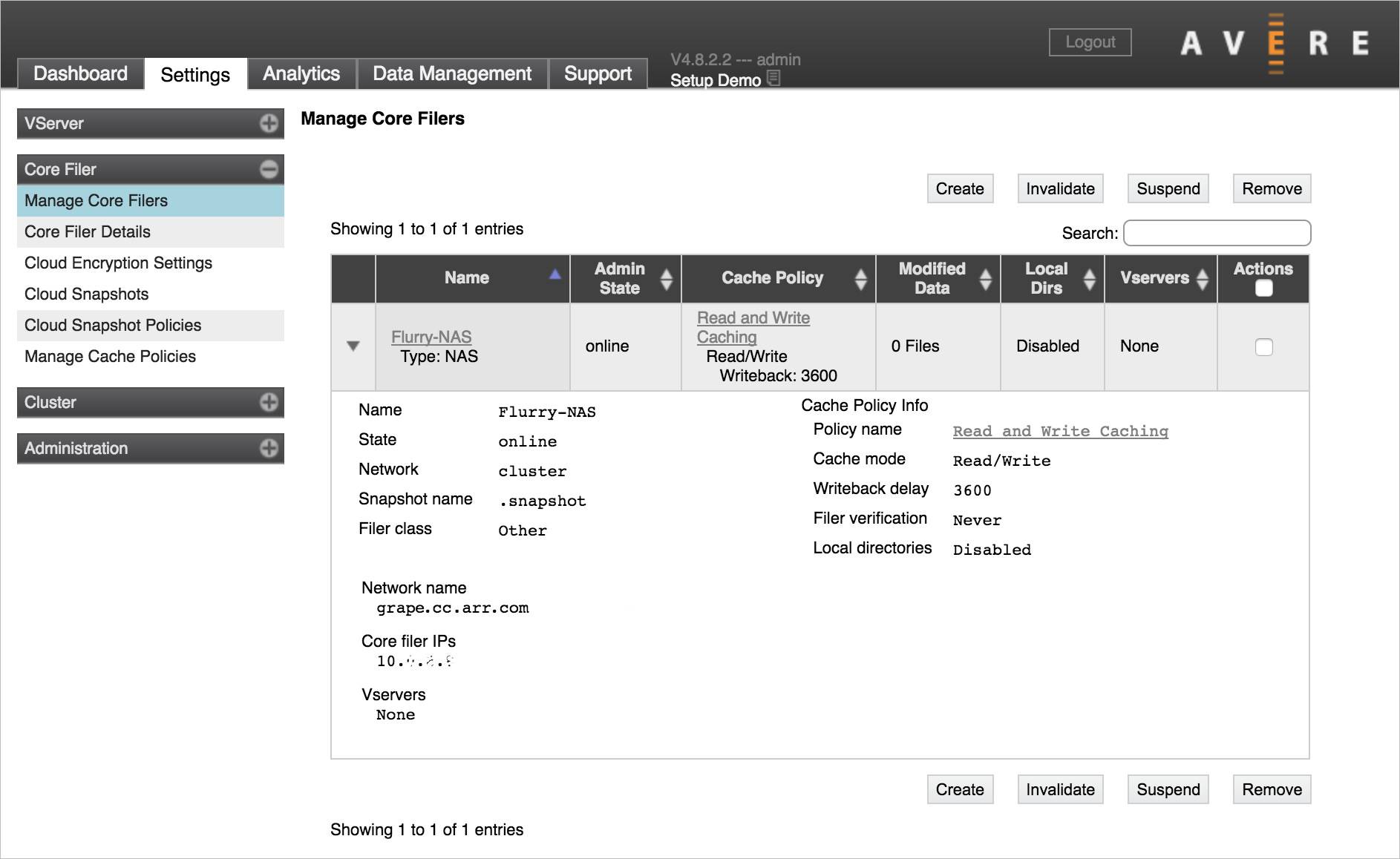 Core filer « Flurry-NAS » dans la page de paramètres Manage Core Filers, avec la vue des détails du core filer développée