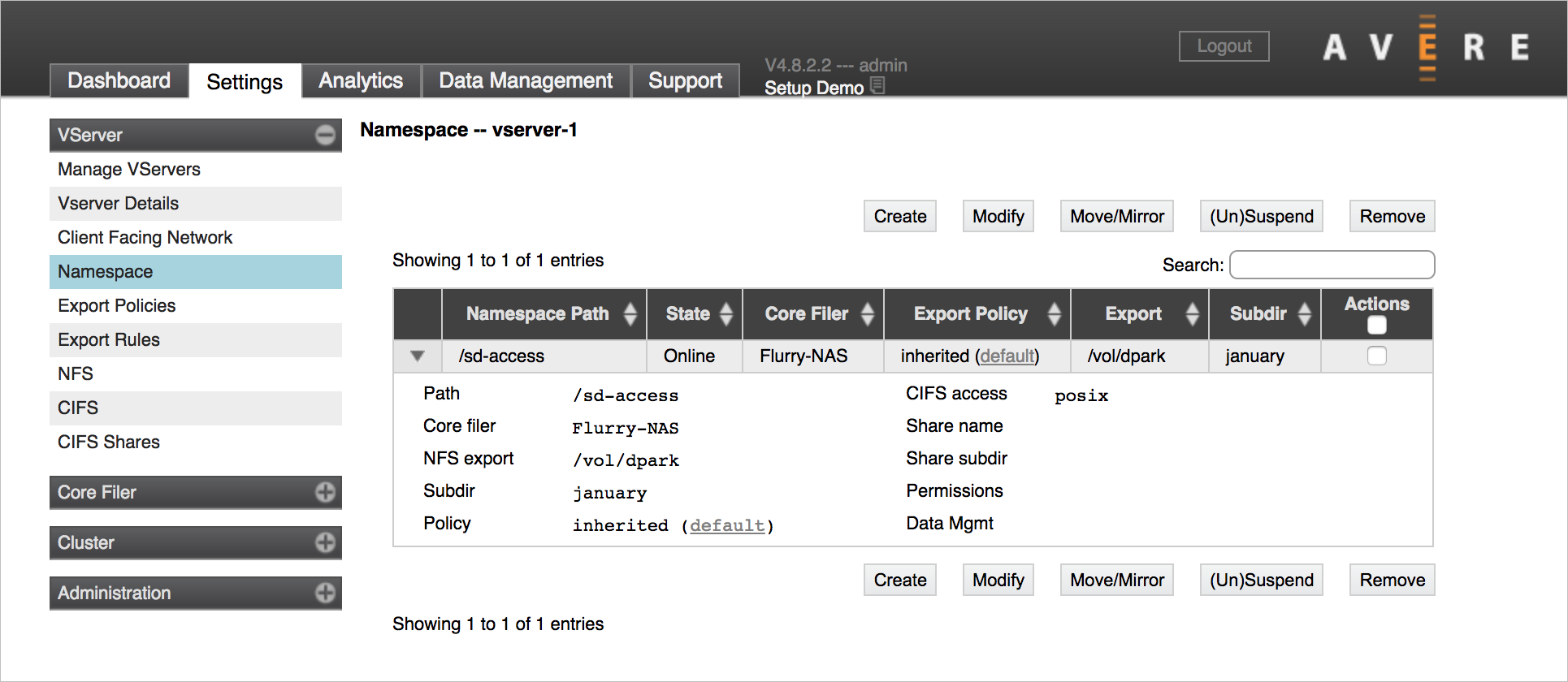 VServer> Page de paramètres Namespace avec les détails d’une jonction