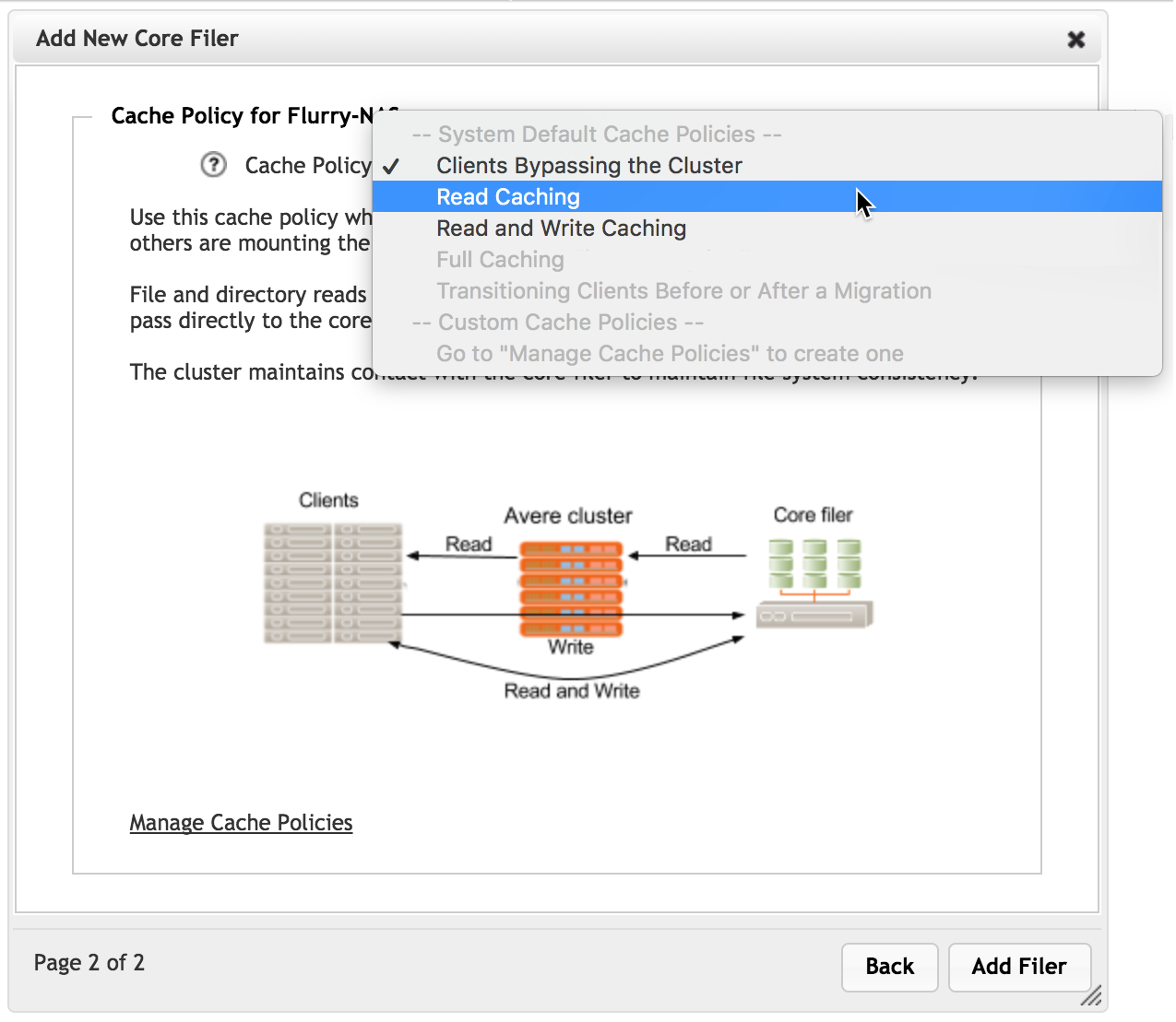 Deuxième page de l’Assistant d’ajout d’un nouveau core filer pour un NAS matériel. Le menu déroulant des stratégies de cache est développé ; il affiche plusieurs options désactivées et trois options de stratégie de cache valides (contournement, mise en cache en lecture et mise en cache en lecture/écriture).