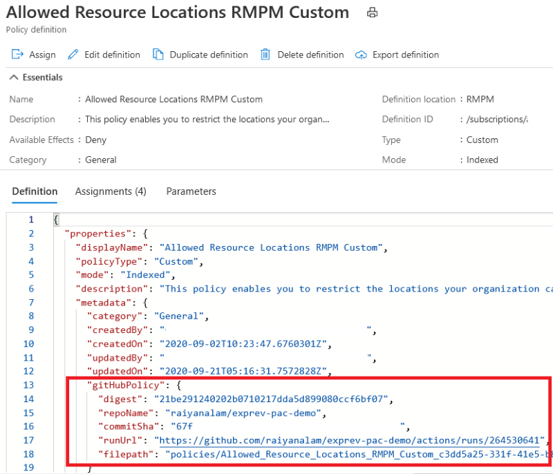 Capture d’écran de la définition Azure Policy, dans le portail Azure, qui est mise à jour avec des métadonnées propres à GitHub Actions.