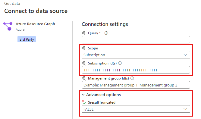Capture d’écran de la boîte de dialogue Azure Resource Graph du service Power BI pour une requête utilisant des paramètres facultatifs pour l’étendue, l’ID d’abonnement et $resultTruncated.
