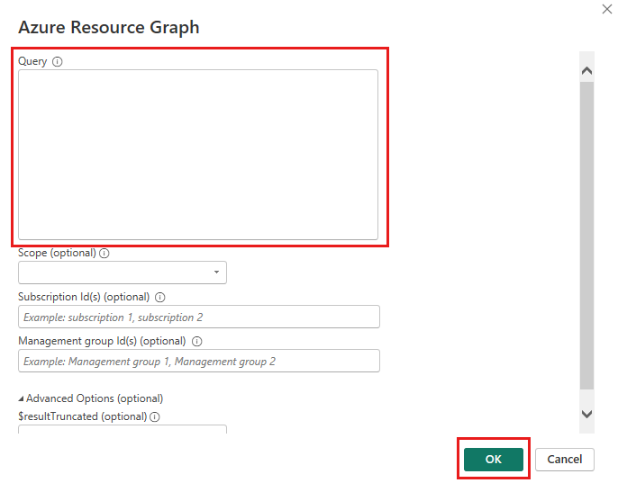 Capture d’écran de la boîte de dialogue Azure Resource Graph permettant d’entrer une requête et utiliser les paramètres par défaut.