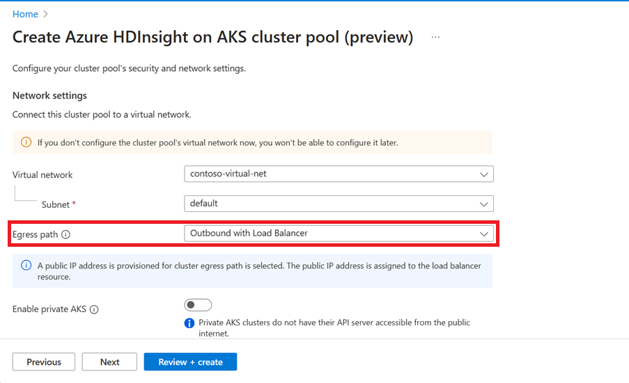 Capture d’écran présentant le paramètre réseau du pool de clusters.